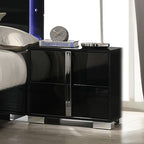 FM7211BK-4PC 4 pc Sinistra black glossy finish wood LED accents headboard queen bedroom set silver metal vertical handles