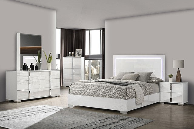 FM7211WH-4PC 4 pc Sinistra white glossy finish wood LED accents headboard queen bedroom set silver metal vertical handles