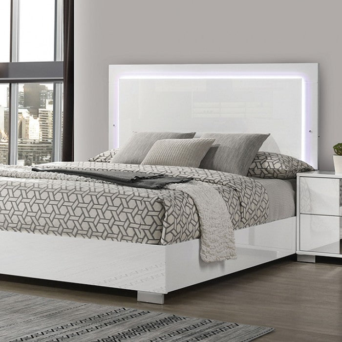 FM7211WH-4PC 4 pc Sinistra white glossy finish wood LED accents headboard queen bedroom set silver metal vertical handles
