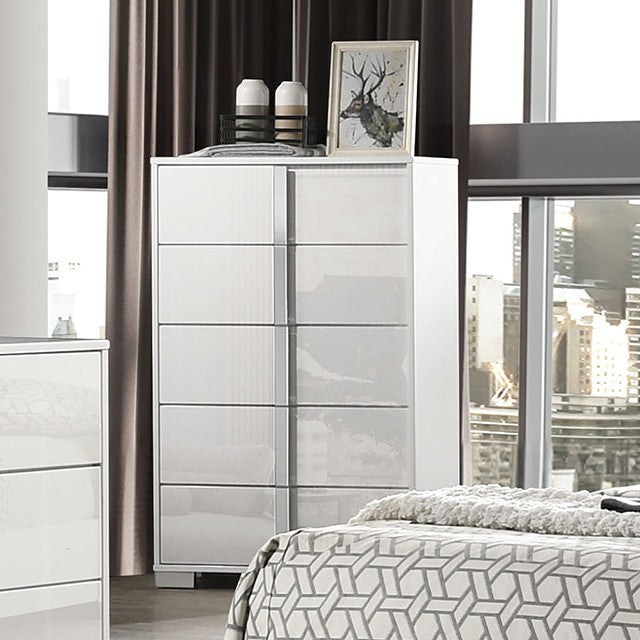 FM7211WH-4PC 4 pc Sinistra white glossy finish wood LED accents headboard queen bedroom set silver metal vertical handles