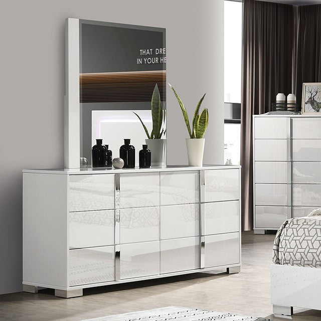 FM7211WH-D Sinistra white glossy finish wood silver metal vertical handles 6 drawer dresser
