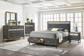 FM7212GY-4PC 4 pc Voleta grey finish wood crystal like accents fabric padded queen bedroom set foot board drawers