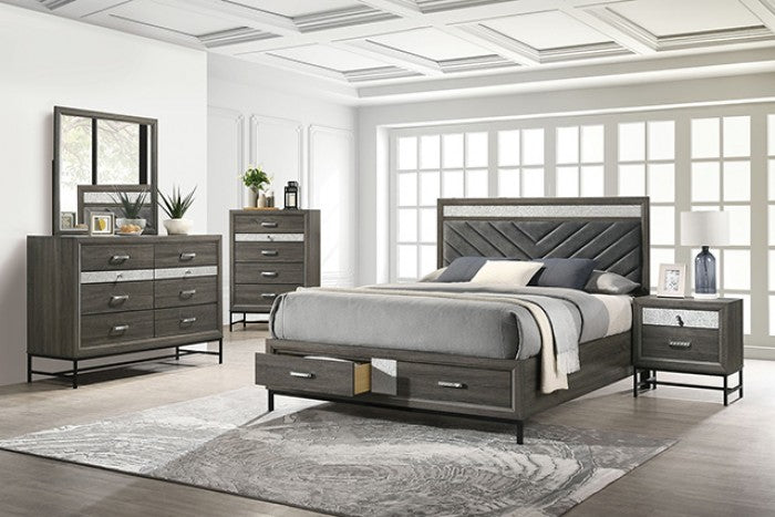 FM7212GY-4PC 4 pc Voleta grey finish wood crystal like accents fabric padded queen bedroom set foot board drawers