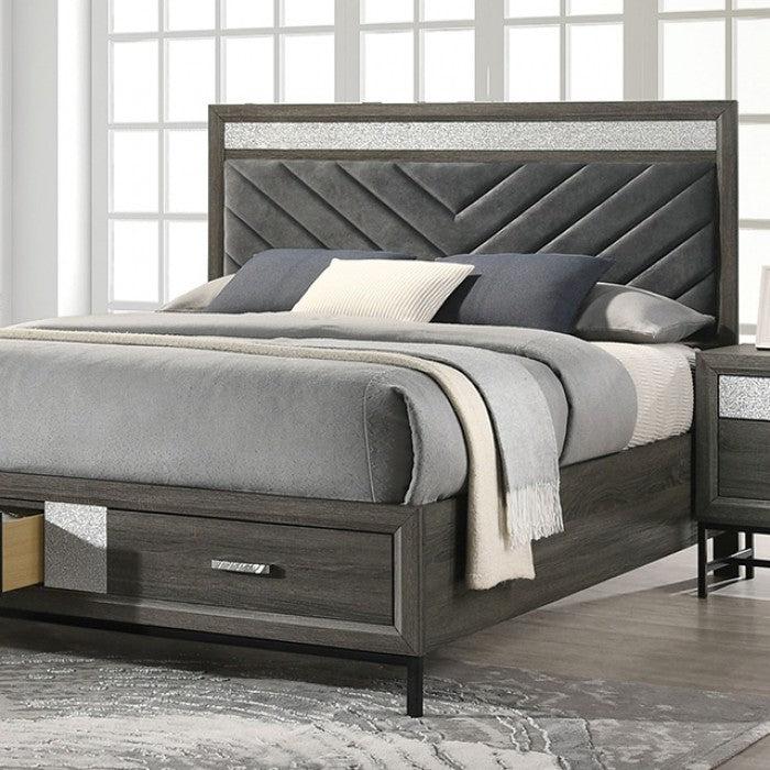 FM7212GY-4PC 4 pc Voleta grey finish wood crystal like accents fabric padded queen bedroom set foot board drawers