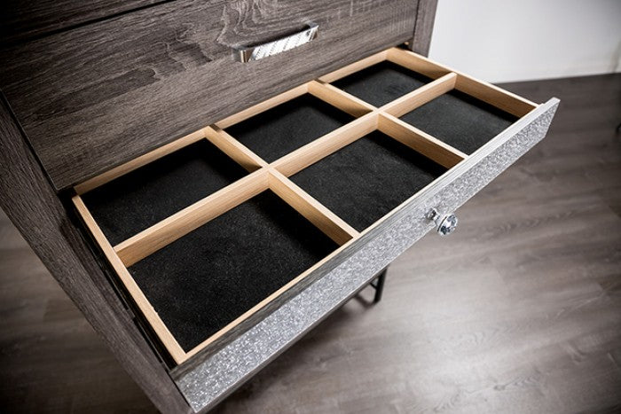 FM7212GY-4PC 4 pc Voleta grey finish wood crystal like accents fabric padded queen bedroom set foot board drawers