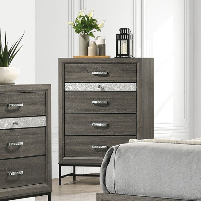 FM7212GY-4PC 4 pc Voleta grey finish wood crystal like accents fabric padded queen bedroom set foot board drawers