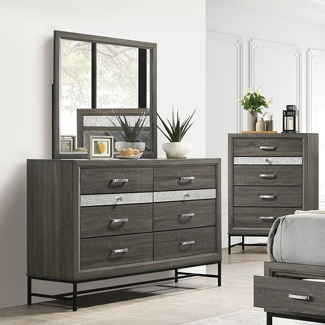 FM7212GY-4PC 4 pc Voleta grey finish wood crystal like accents fabric padded queen bedroom set foot board drawers