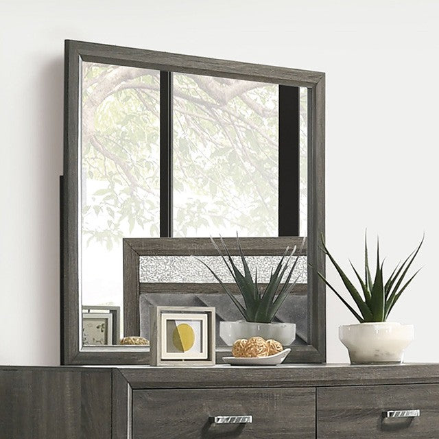 FM7212GY-4PC 4 pc Voleta grey finish wood crystal like accents fabric padded queen bedroom set foot board drawers