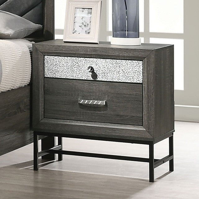 FM7212GY-4PC 4 pc Voleta grey finish wood crystal like accents fabric padded queen bedroom set foot board drawers