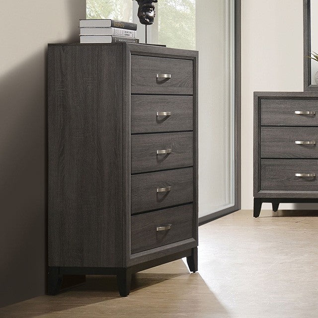 FM7215GY-C  Errico grey wood grain finish wood 5 drawer tall chest