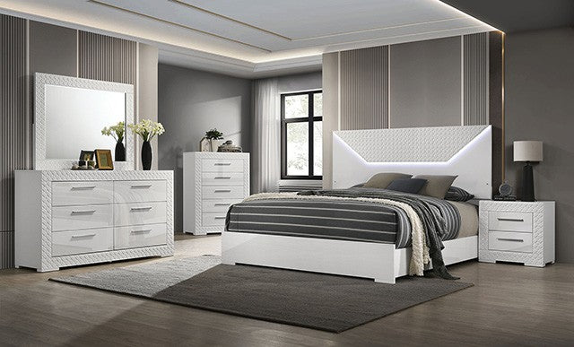 FM7216WH 4 pc Whitby white high gloss finish wood diamond design LED lighting queen bedroom set