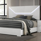 FM7216WH 4 pc Whitby white high gloss finish wood diamond design LED lighting queen bedroom set