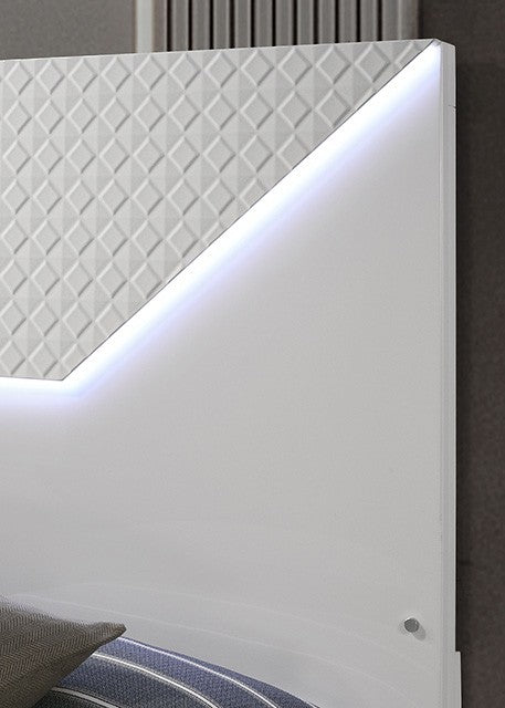 FM7216WH 4 pc Whitby white high gloss finish wood diamond design LED lighting queen bedroom set