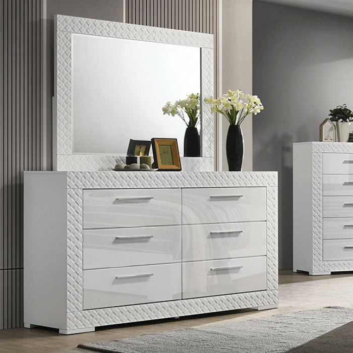 FM7216WH 4 pc Whitby white high gloss finish wood diamond design LED lighting queen bedroom set