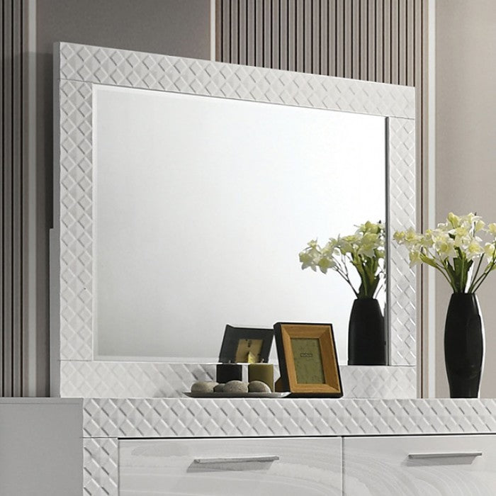 FM7216WH 4 pc Whitby white high gloss finish wood diamond design LED lighting queen bedroom set