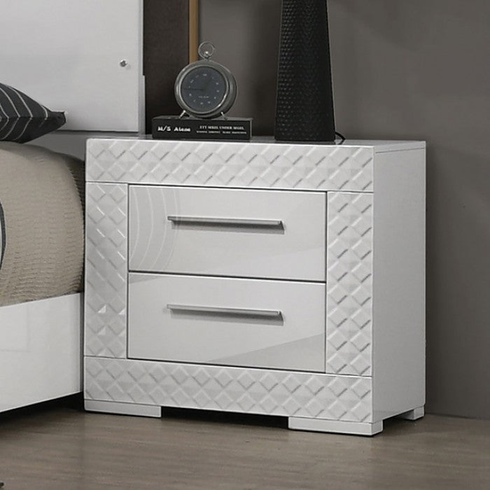 FM7216WH 4 pc Whitby white high gloss finish wood diamond design LED lighting queen bedroom set