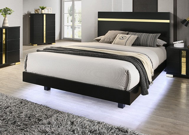 FM7217BK-4PC 4 pc Lilliestrom black high gloss finish wood gold accents queen bedroom set LED accents