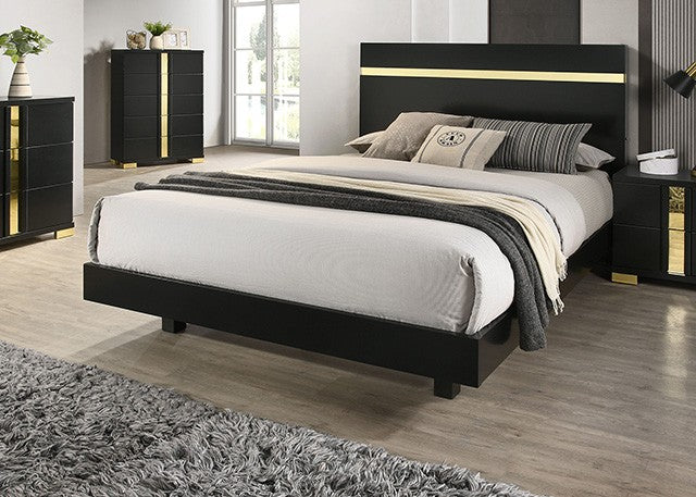 FM7217BK-4PC 4 pc Lilliestrom black high gloss finish wood gold accents queen bedroom set LED accents