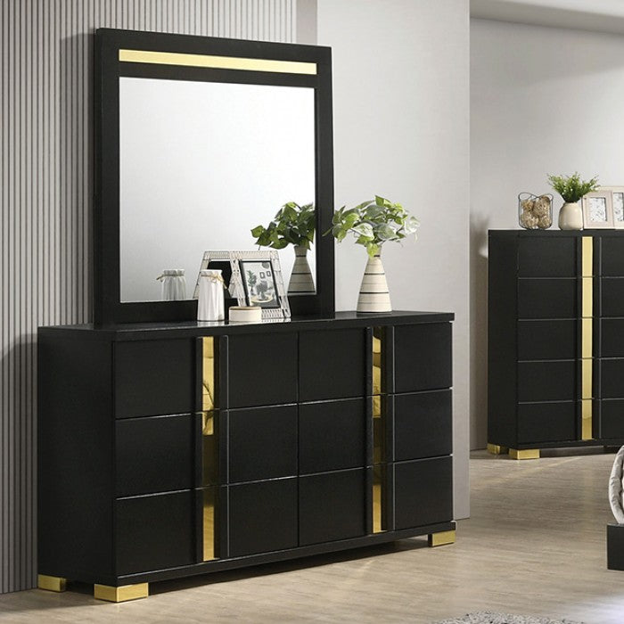 FM7217BK-4PC 4 pc Lilliestrom black high gloss finish wood gold accents queen bedroom set LED accents