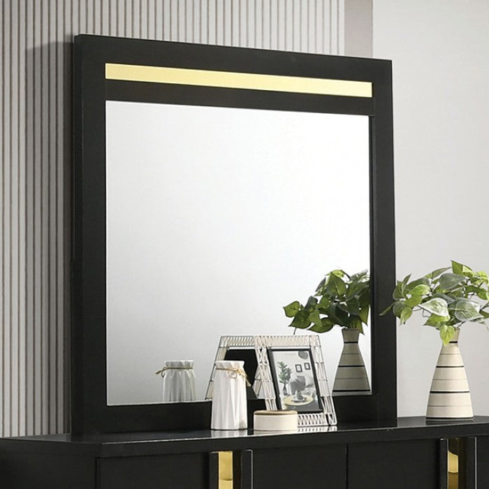 FM7217BK-4PC 4 pc Lilliestrom black high gloss finish wood gold accents queen bedroom set LED accents