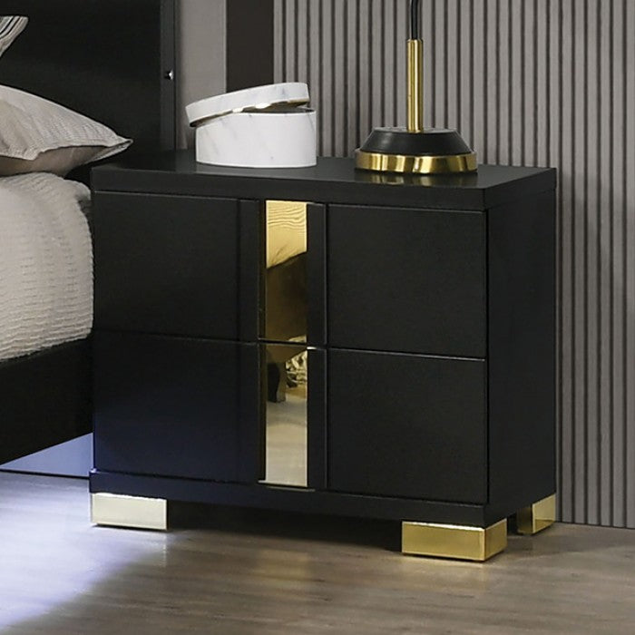 FM7217BK-4PC 4 pc Lilliestrom black high gloss finish wood gold accents queen bedroom set LED accents
