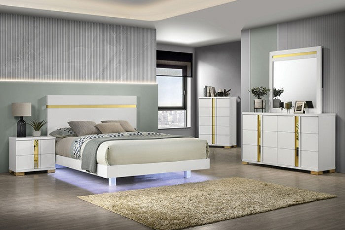 FM7217WH-4PC 4 pc Lilliestrom white high gloss finish wood gold accents queen bedroom set LED accents