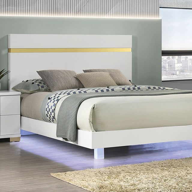 FM7217WH-4PC 4 pc Lilliestrom white high gloss finish wood gold accents queen bedroom set LED accents