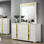 FM7217WH-4PC 4 pc Lilliestrom white high gloss finish wood gold accents queen bedroom set LED accents