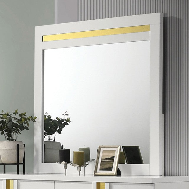 FM7217WH-4PC 4 pc Lilliestrom white high gloss finish wood gold accents queen bedroom set LED accents