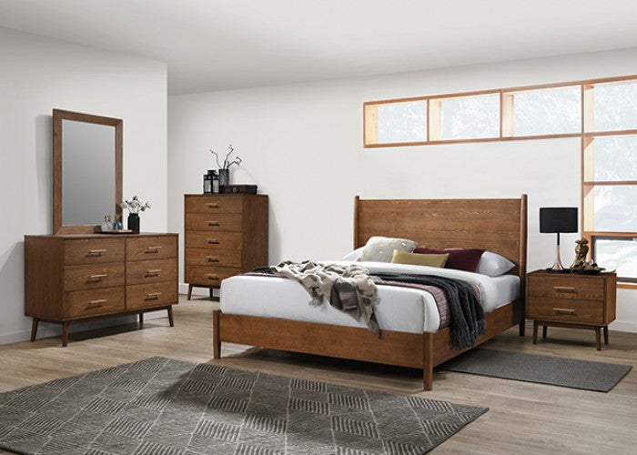 FM7220WN-4PC 4 pc Tromso walnut finish wood mid century modern tapered legs queen bedroom set