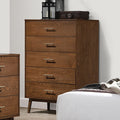 FM7220WN-C Tromso walnut finish wood mid century modern tapered legs 5 drawer tall chest