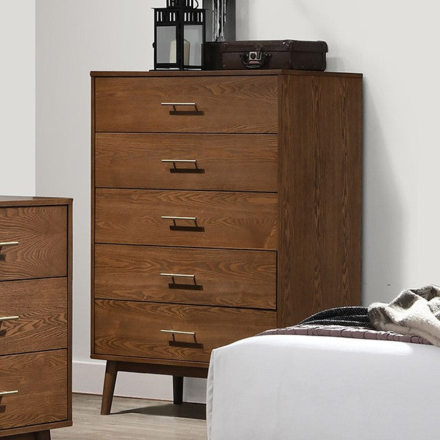 FM7220WN-4PC 4 pc Tromso walnut finish wood mid century modern tapered legs queen bedroom set