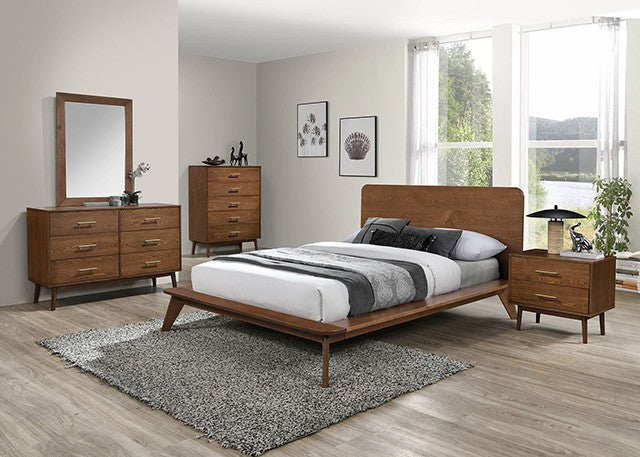 FM7222WN-4PC 4 pc Stathelle walnut finish wood tapered leg platform style mid century modern queen bedroom set