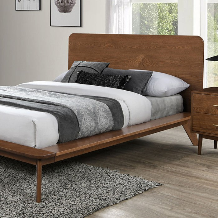 FM7222WN-4PC 4 pc Stathelle walnut finish wood tapered leg platform style mid century modern queen bedroom set