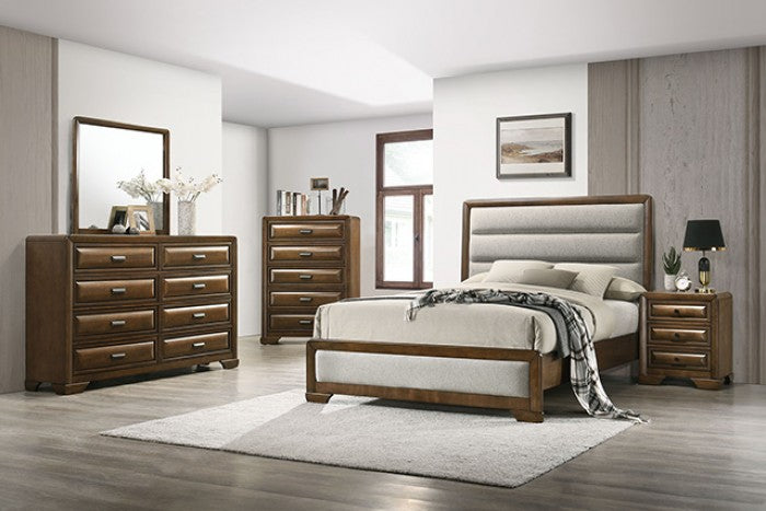 FM7231BR-4PC 4 pc Caerwys brown finish wood light gray padded fabric headboard and footboard queen bedroom set