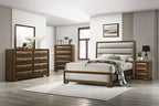 FM7231BR-4PC 4 pc Caerwys brown finish wood light gray padded fabric headboard and footboard queen bedroom set