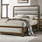 FM7231BR-4PC 4 pc Caerwys brown finish wood light gray padded fabric headboard and footboard queen bedroom set