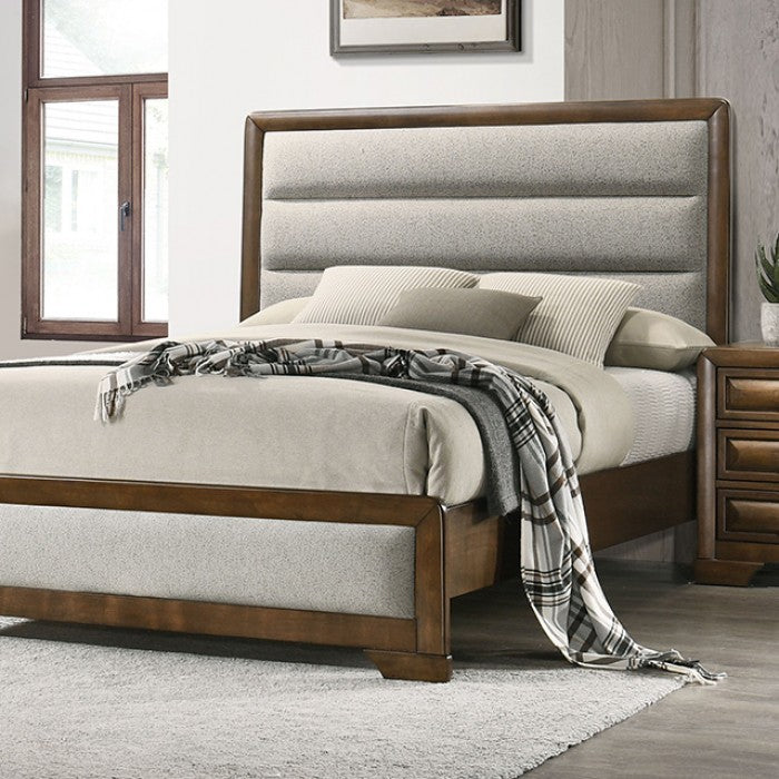 FM7231BR-4PC 4 pc Caerwys brown finish wood light gray padded fabric headboard and footboard queen bedroom set