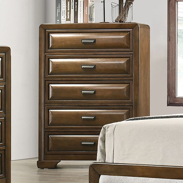 FM7231BR-4PC 4 pc Caerwys brown finish wood light gray padded fabric headboard and footboard queen bedroom set