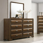 FM7231BR-4PC 4 pc Caerwys brown finish wood light gray padded fabric headboard and footboard queen bedroom set