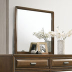 FM7231BR-4PC 4 pc Caerwys brown finish wood light gray padded fabric headboard and footboard queen bedroom set