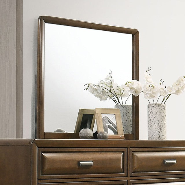 FM7231BR-4PC 4 pc Caerwys brown finish wood light gray padded fabric headboard and footboard queen bedroom set