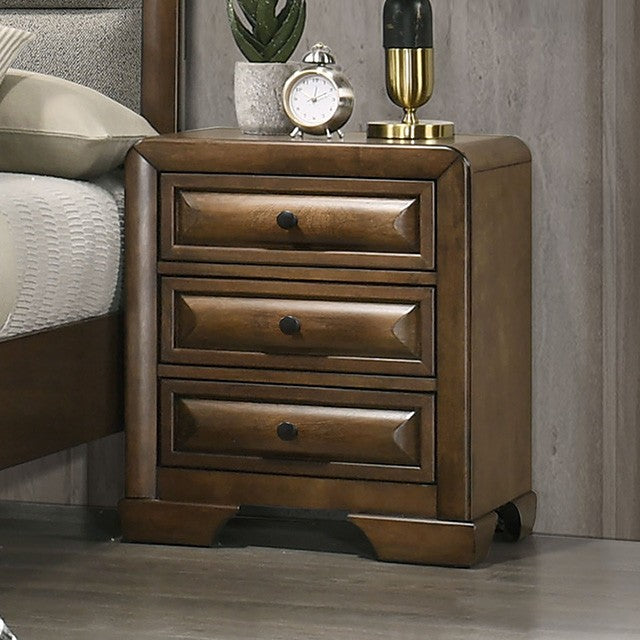 FM7231BR-4PC 4 pc Caerwys brown finish wood light gray padded fabric headboard and footboard queen bedroom set