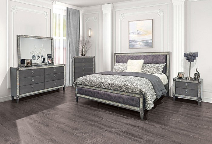 FM7240GY-4PC 4 pc Titania grey finish wood padded fabric headboard crystal accents trim queen bedroom set