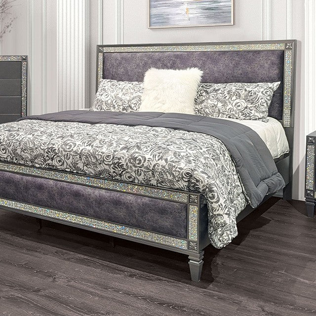 FM7240GY-4PC 4 pc Titania grey finish wood padded fabric headboard crystal accents trim queen bedroom set