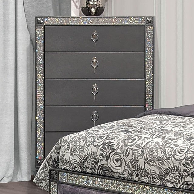 FM7240GY-C Titania grey finish wood crystal accents trim nickel ring pulls 5 drawer tall chest
