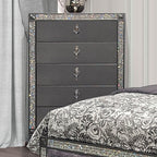 FM7240GY-4PC 4 pc Titania grey finish wood padded fabric headboard crystal accents trim queen bedroom set
