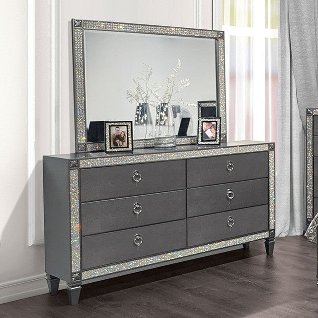 FM7240GY-D Titania grey finish wood crystal accents trim nickel ring pulls 6 drawer dresser – AMB Furniture and Design