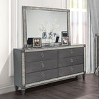 FM7240GY-4PC 4 pc Titania grey finish wood padded fabric headboard crystal accents trim queen bedroom set