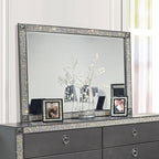 FM7240GY-4PC 4 pc Titania grey finish wood padded fabric headboard crystal accents trim queen bedroom set